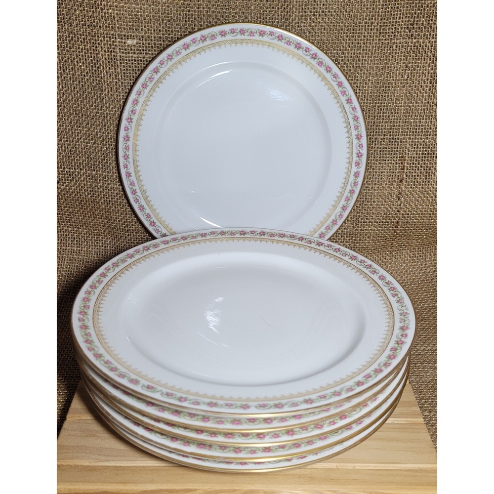 Vintage Jean Pouyat Limoges Porcelain China~ 6 Salad Plates Gold Rim‎ Pink Roses